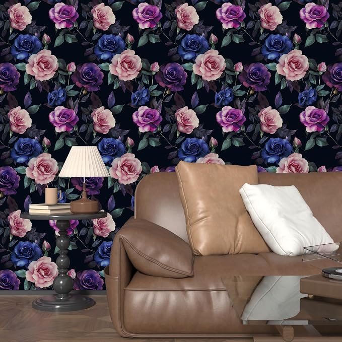 Gothic Purple Floral Wallpaper Peel and Stick 17.5" × 118" | Self Adhesive/Removable/Waterproof/Thick Vinyl Contact Paper for Bathroom Bedroom Shelf Cabinet Drawer,Prepasted,Easy Peel