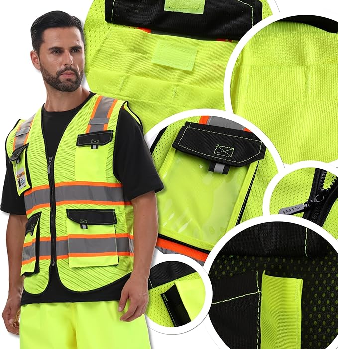 JKSafety Hi Vis Reflective Safety Vests for Men Women High Visibility Vest with Pockets Mesh Fabric Construction Safety Apparel Neon Vest for Work (220-YBlack M)