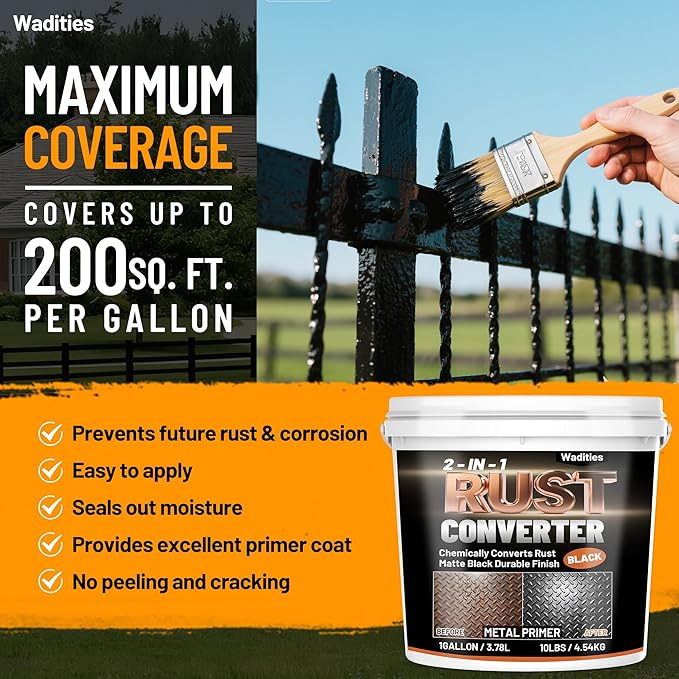 2-in-1 Rust Converter & Metal Primer, 1 Gallon Matte Black Rust Inhibitor Paint for Metal, Ultra Automotive Rust Reformer & Seal, Heat Resistance Trailer Paint for Chassis, Frame, Marine, Industrial