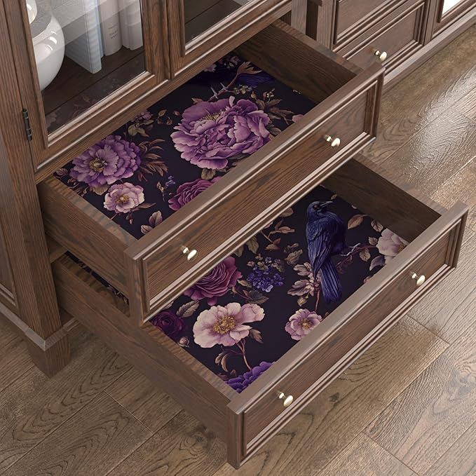 Gothic Dark Purple Crow Floral Wallpaper Peel and Stick 17.5"x118" | Self Adhesive/Removable/Waterproof/Thick Vinyl Vintage Contact Paper for Bathroom Bedroom Shelf Cabinet Drawer,Prepasted
