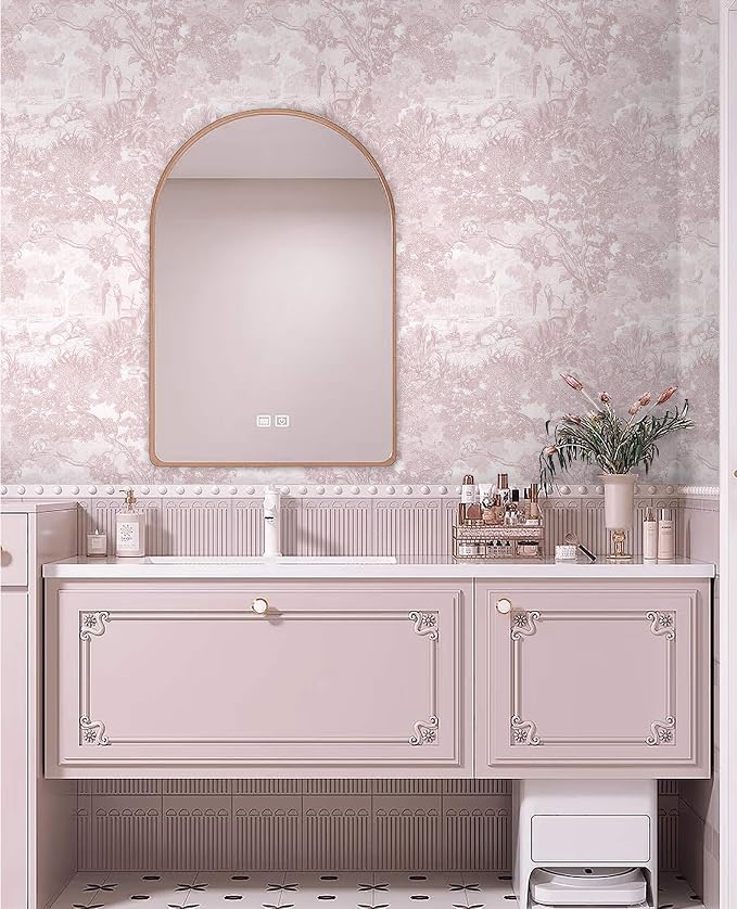 Heroad Peel and Stick Wallpaper Pink and White Vintage Forest Animals Floral Wallpaper Removable Self-Adhesive Contact Paper for Bedroom Living Room Cabinets Decoration Thicken Vinyl 17.3" x 197"