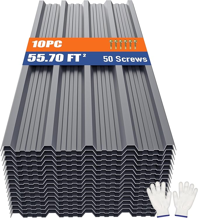 Brakki Metal Roofing Panels 10pcs 55.7 ft², 45.28"L Grey Corrugated Galvanized Steel Roof Panels with Screw, Heavy Duty Metal Siding Suitable for Garages Chicken Coop Sheds Stables Patio