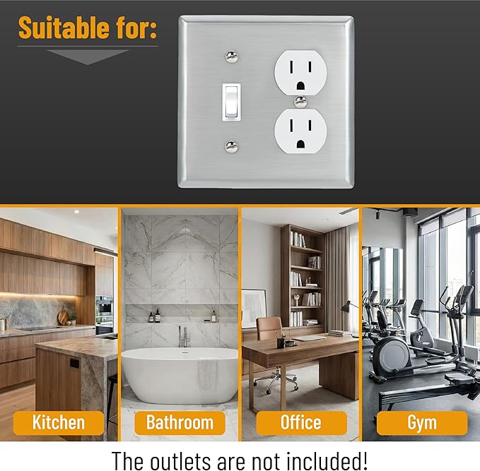 Bates- 2-Gang Combination Wall Plate, Standard Size, Silver Stainless Steel Toggle Light Switch/Duplex Receptacle Outlet, 2 Gang Wall Plate for Electrical Outlets, Double Outlet Cover Plate