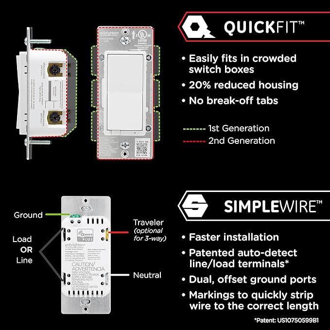 Enbrighten Z-Wave In-Wall Smart Light Switch with QuickFit and SimpleWire, Works with Google Assistant, Alexa, & SmartThings, Z-Wave Hub Required, Smart Home, 700 Series, 58433