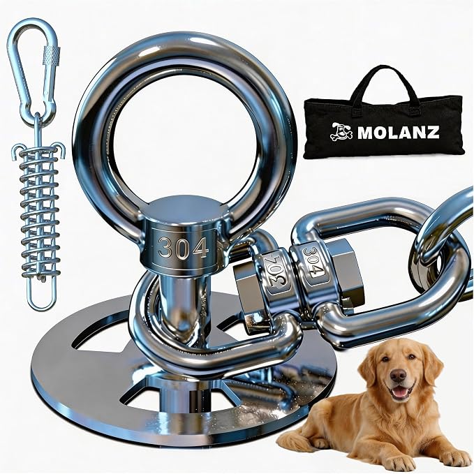 Heavy Duty Dog Tie Out Stake with Shock Absorbing Spring, 2x360° Tangle-Free Swivel, 304 Stainless Steel Anchor for Large Medium Small Dogs, Yard Camping Outdoor (Stake Only/250lbs)