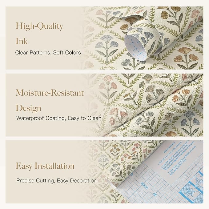 Dimoon Vintage Peel and Stick Wallpaper Retro Botanical Contact Paper Farmhouse Wallpaper Cottage Renter Friendly Removable Geometric Wall Paper for Bathroom Kitchen Textured Vinyl 17.3''x78.7''