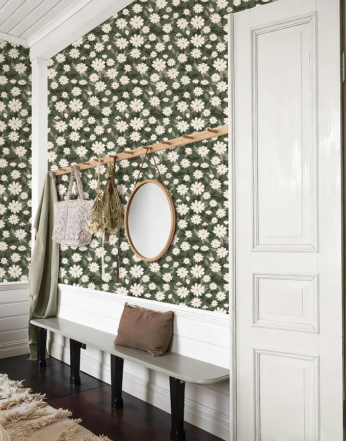 Floral Wallpaper Peel and Stick, Green Daisy Flower Removable Self Adhesive Wallpaper for Bedroom Bathroom Cabinet, 17.3‘’×78.7‘’