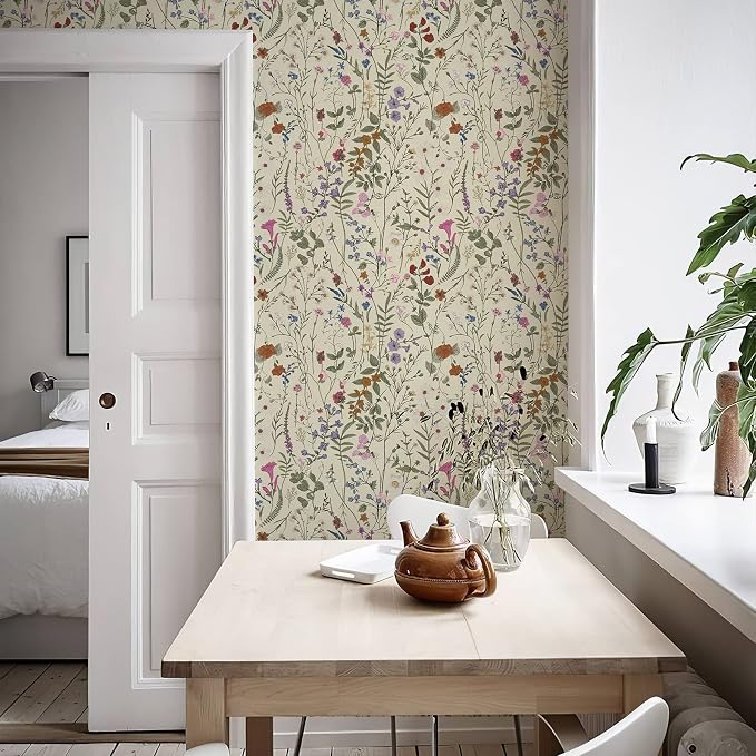 Wallpaper Self-Adhesive Blooming Vintage Colourful Flowers Wall Paper for Bedroom Living Room Cabinet, Peel and Stick Beige Sketch Little Flowers Wallpaper Mural 25.8 sq. feet (59" x 17.3")