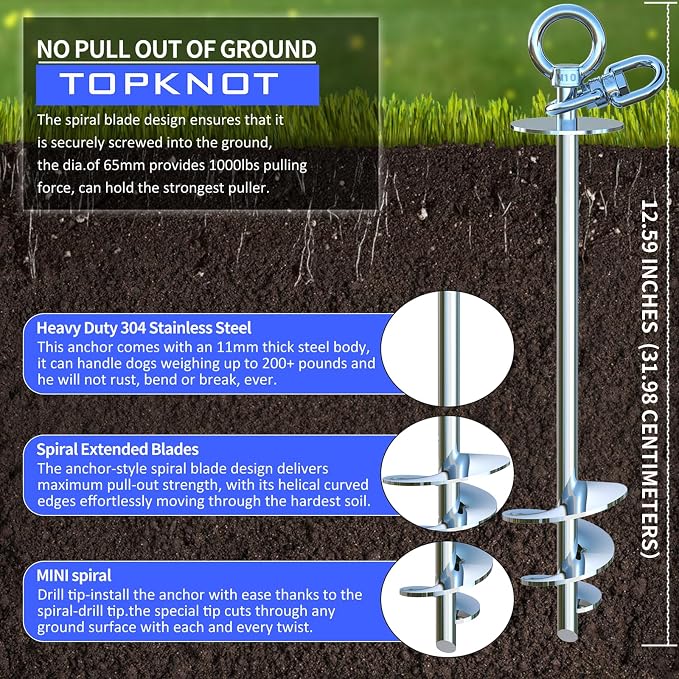 TOPKNOT Dog Tie Out Cable and Stake,(up to 200lbs) 20FT Heavy Duty Cable,360°Swivel Run Anchor- No Tangle,Dog Runner for Yard,Ideal for Outdoor Camping