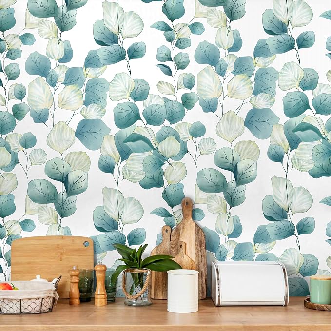 Timeet Peel and Stick Wallpaper Boho Leaf Contact Paper Removable Self Adhesive Vinyl Wall Paper Green and White Wall Mural Decoral for Cabinets and Drawers Countertops Waterproof 17.7"x 78.7"