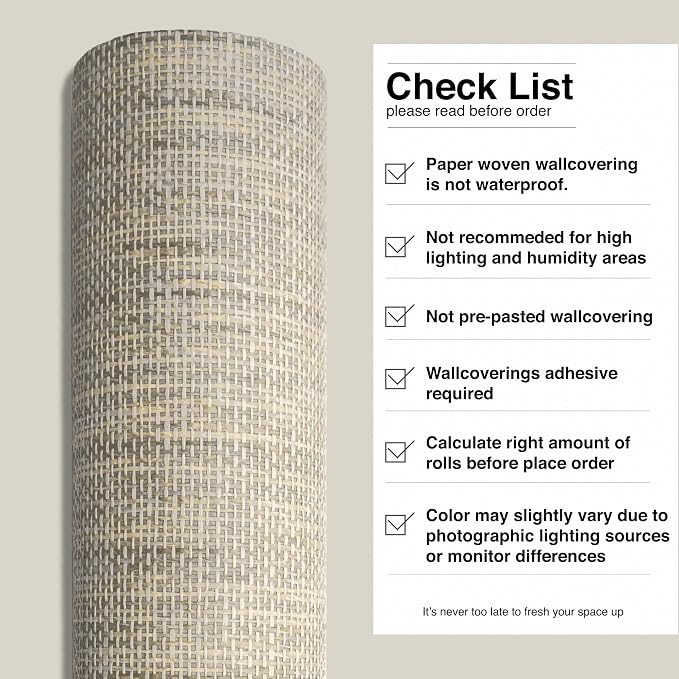 Ansehan Grasscloth Textured Wallcovering W714 Terraces Collection 36" W x 8 Yard L, Natural Modern Paper Weave, Non Prepasted Home Décor for Boho Living Sapce Feature Wall, Wheat Beige/Grey