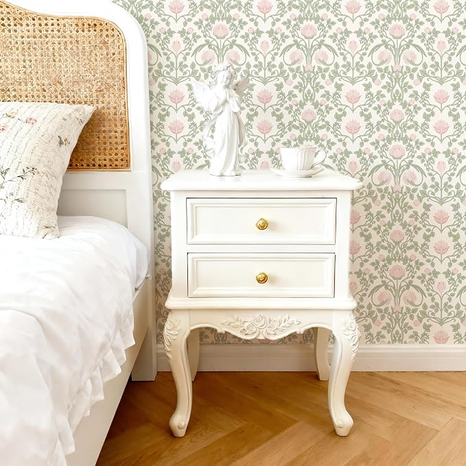 YXTII Floral Wallpaper Peel and Stick - 393.7" × 17.3" Pink and Green Wallpaper for Bedroom Decorative Self Adhesive Shelf Drawer Liner