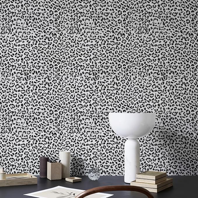 Leopard Print Peel and Stick Wallpaper, Waterproof Removable Self Adhesive Textured Wall Paper, Black and White Unique Funky Cheetah Contact Paper for Bedroom and Bathroom 480"X17.3"(57.6 sq. ft)