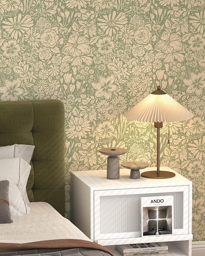 Floral Wallpaper Peel and Stick Wallpaper Boho 17.3''×393'' Self Adhesive Wall Paper Green and Beige Contact Paper Removable Modern Wallpapers Decorative for Bedroom Bathroom Cabinets Decor Vinyl