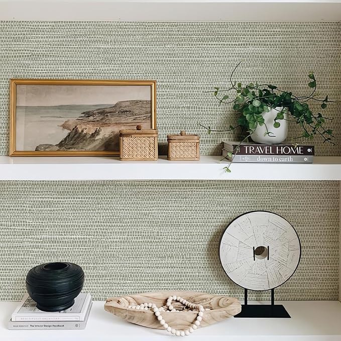 JiffDiff Grasscloth Wallpaper Peel and Stick Cream Grassweave Stick on Wallpaper Textured Self Adhesive Wall Paper Contact Paper 787" x 17.3"