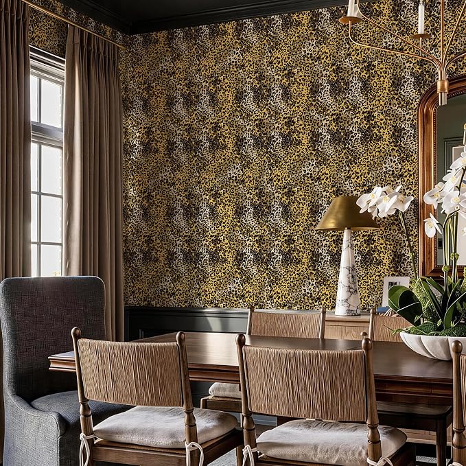 Black Gold Leopard Print Peel and Stick Wallpaper, 17.3" x 120" | Waterproof Removable Self Adhesive Wallpaper, Unique Funky Cheetah Contact Paper for Bedroom, Bathroom, Decor