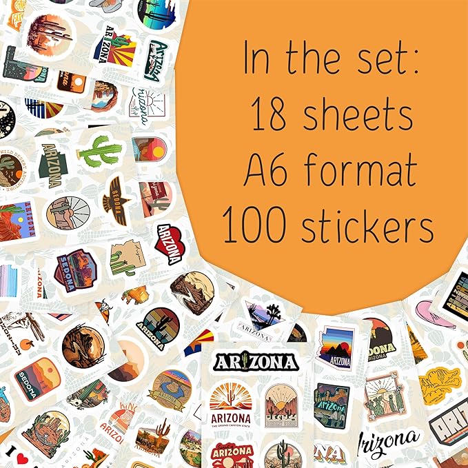 BulbaCraft 100Pcs Arizona Stickers for Water Bottle and Laptop - Arizona Party Supplies & Decorations, Waterproof Vinyl Decals, State Pride and Icon Stickers, Gifts for Women & Men