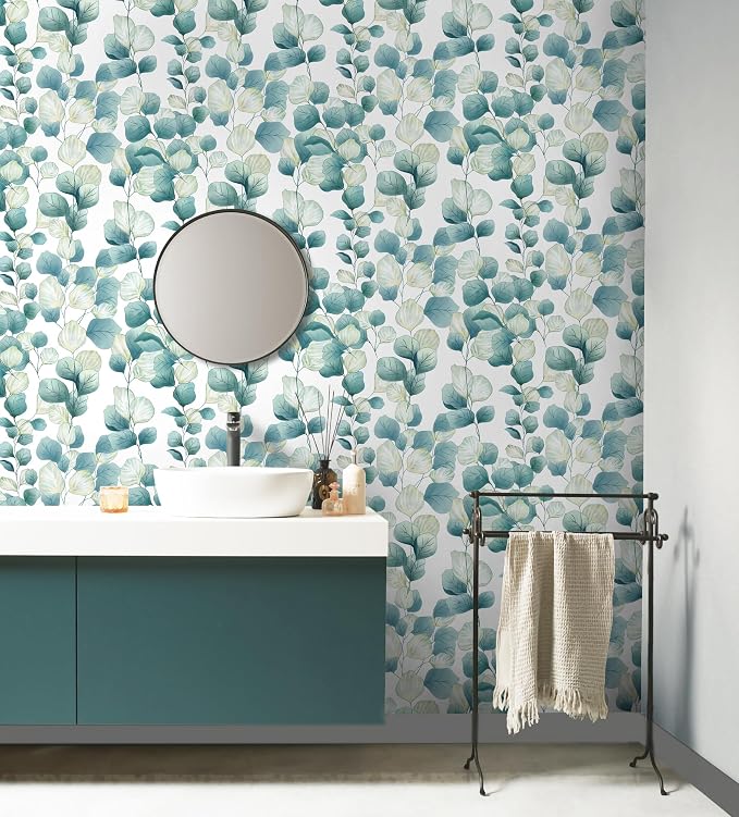 Timeet Peel and Stick Wallpaper Boho Leaf Contact Paper Removable Self Adhesive Vinyl Wall Paper Green and White Wall Mural Decoral for Cabinets and Drawers Countertops Waterproof 17.7"x 78.7"