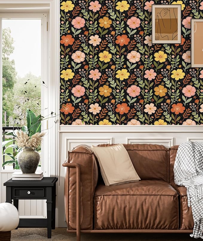 ILHIIOR Black/Orange Floral Peel and Stick Wallpaper 17.5 x 118 Inches | Leaf Removable Self Adhesive Waterproof Contact Paper, Renter Friendly Decor for Cabinets, Drawers & Bedroom Walls