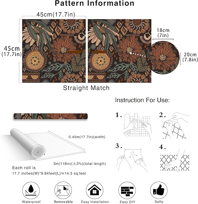 HAOKHOME Peel and Stick Wallpaper Boho Floral Vintage Botanical Bathroom | Renter Friendly Removable Textured Wall Paper Brown Cottagecore Green Orange Retro Moody Bedroom Accent Wall 17.3in x 9.8ft