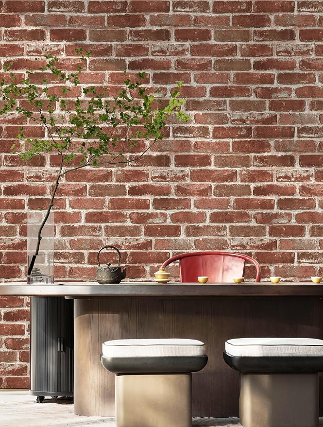 Hopeak Red Brick Wallpaper Self-Adhesive Peel and Stick Wallpaper Waterproof and Removable Good for Home Decoration and Furniture Renovation 17.5 x 118 Inch