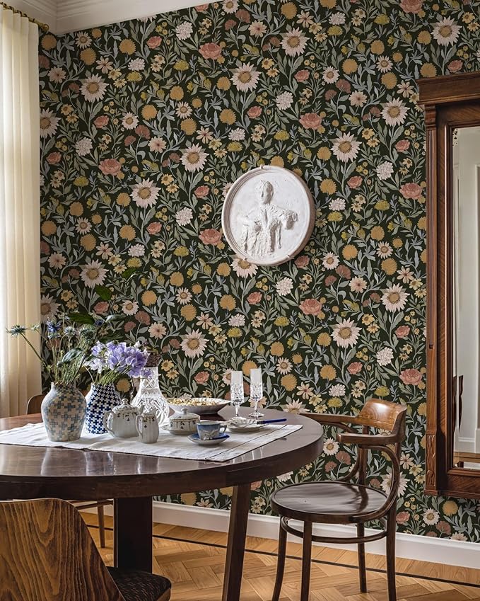 Dimoon Vintage Peel and Stick Wallpaper Boho Dark Floral Contact Paper 17.3''x385'' Retro Rustic Pink Removable Wall Paper Renter Friendly Texture Black Wallpaper for Bedroom Bathroom Cabinets Vinyl