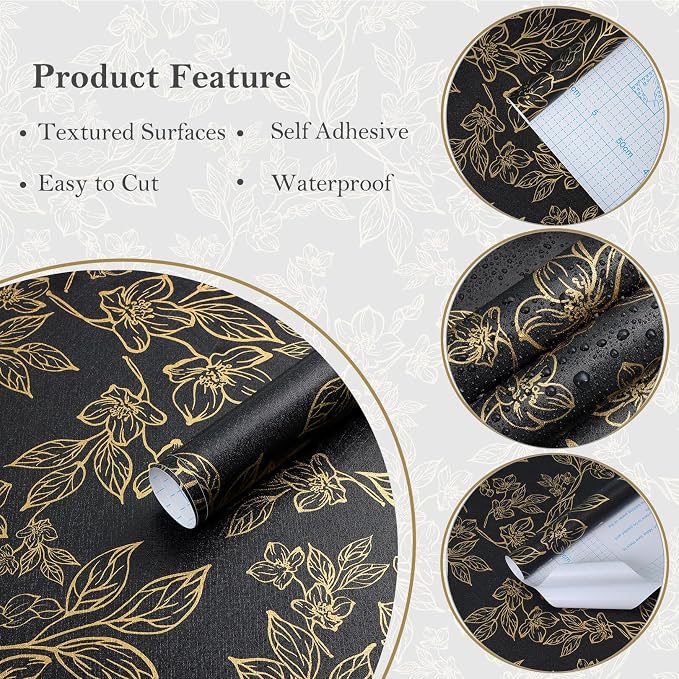 Ismoon Peel and Stick Wallpaper Black and Gold Stick on Wallpaper Dark Floral 17.3x78.7in Black Modern Wall Paper Removable Self Adhesive Contact Paper for Bedroom Cabinets Shelf Liner Vinyl