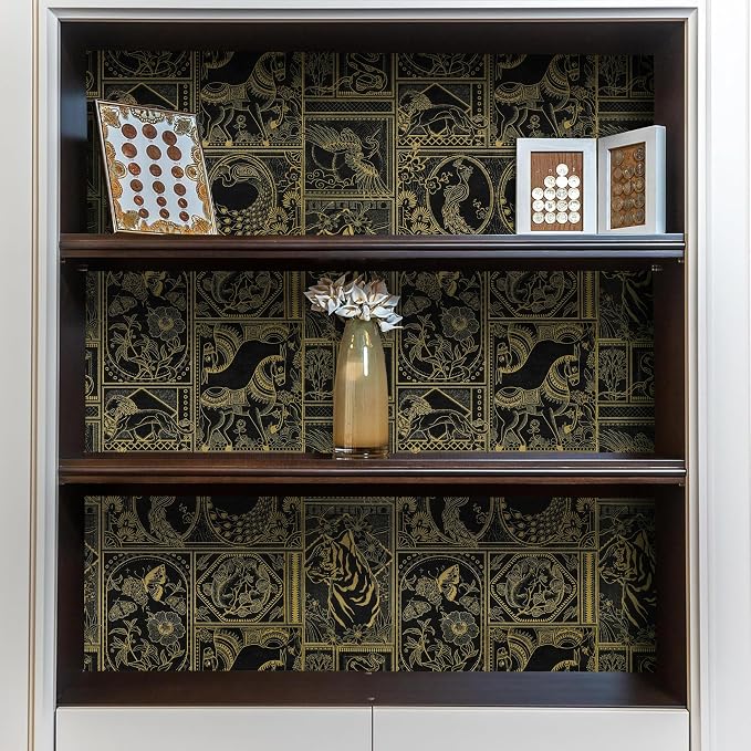 Erfoni 197"x17.7" Black and Gold Wallpaper Vintage Self Adhesive Peel and Stick Wallpaper Retro Animail Pattern Contact Paper DIY Stick and Peel Removable Wall Paper Decoration Bedroom Wall Vinyl Roll
