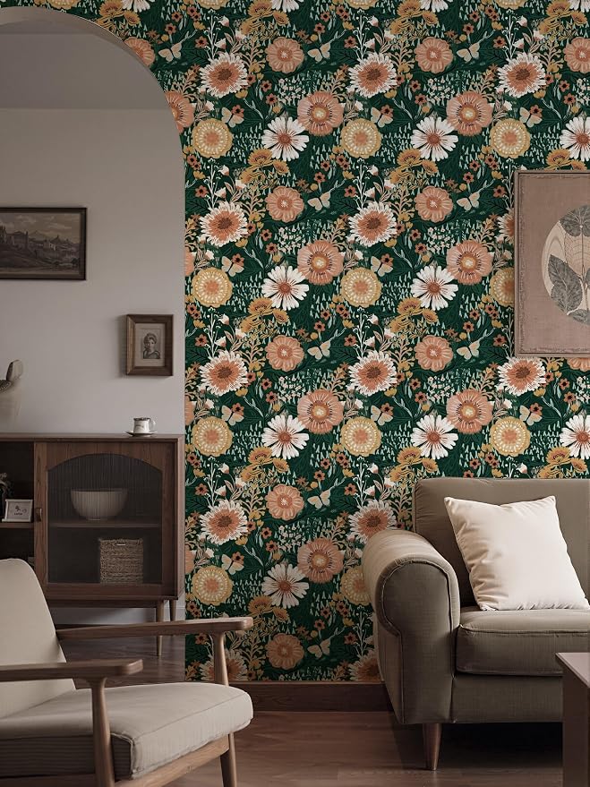 Boho Retro Dark Green Wallpaper Peel and Stick Wallpaper Vintage Floral Contact Paper 17.3''x362'' Bohemian Removable Wall Paper Renter Friendly Waterproof Wall Mural Bedroom Bathroom Vinyl