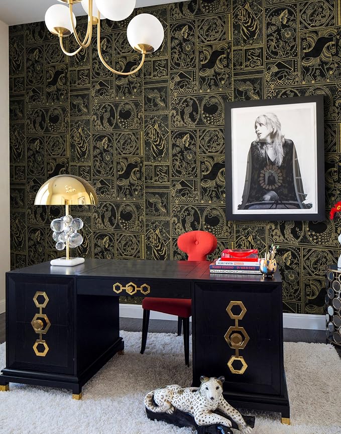 Erfoni 394"x17.7" Vintage Peel and Stick Wallpaper Black and Gold Contact Paper Peel and Stick Removable Animal Pattern Wall Paper DIY Waterproof Self Adhesive Wallpaper for Accent Wall Covering