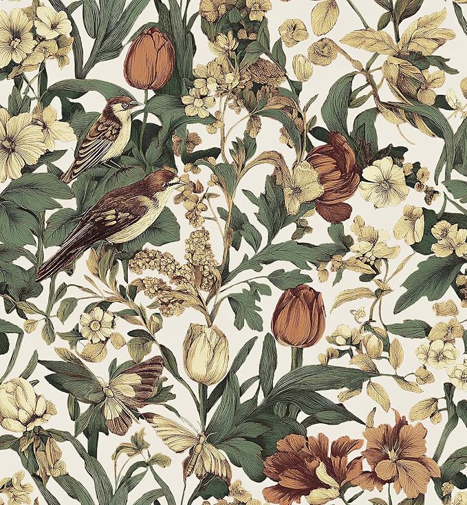 Erfoni 17.3" x197" Beige Retro Floral and Bird Contact Paper Vintage Peel and Stick Wallpaper for Bedroom DIY Self Adhesive Wall Paper Boho Floral Leaf Removable Wallpaper for Accent Wall Covering