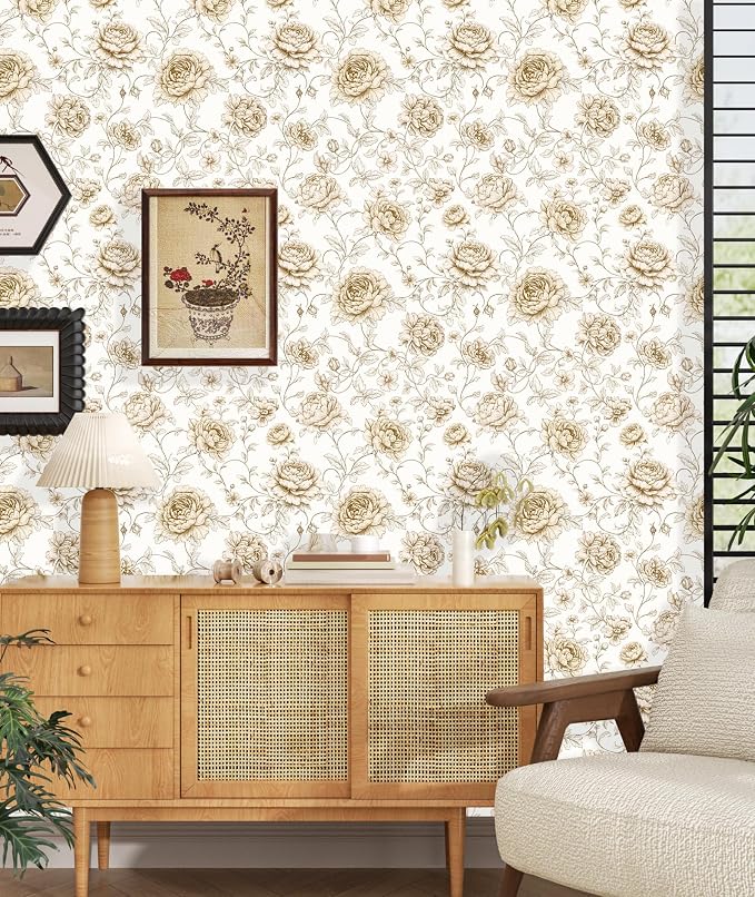 ILHIIOR Beige Floral Peel and Stick Wallpaper Boho Leaf Contact Paper White Flower Removable Self Adhesive Waterproof Wall Paper for Cabinet Drawers Wall Decor Renter Friendly 17.5''x118''