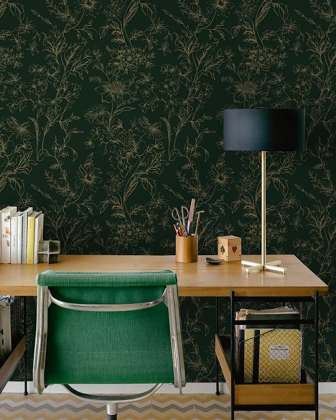 Hopepak Gold and Green Floral Wallpaper Peel and Stick Wallpaper for Bedroom 17.3" x 78.7" Self Adhesive Removable Wall Paper Waterproof Contact Paper Vinyl Roll for Bathroom Living Room