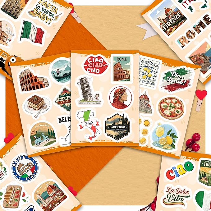 100Pcs Italy Stickers for Scrapbooking, for Luggage, for Water Bottle - Italian Stickers and Decals - Italy Party F avors - Gift for Women & Men