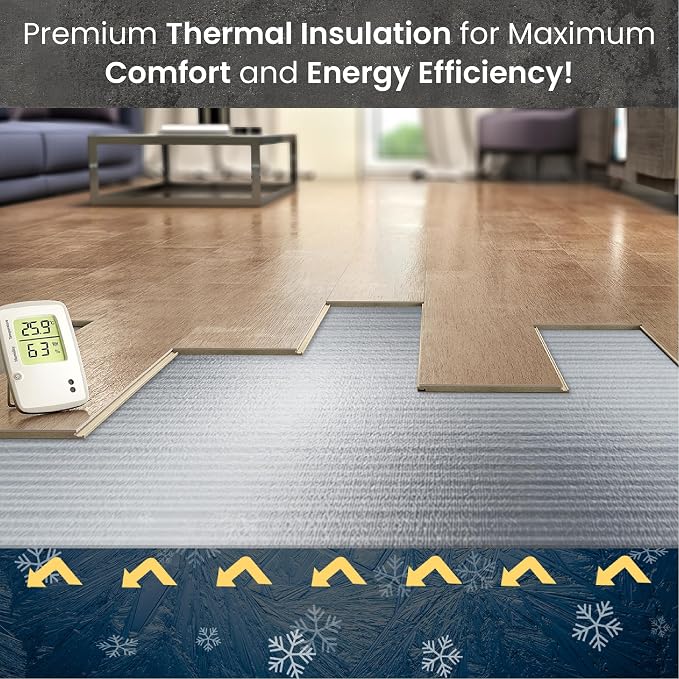 3-in-1 Acoustic Premium Floor Underlayment - 200 sqft Roll - 3mm Thick EPE with Silver Foil Vapor Barrier with Tape - Moisture Barrier, Thermal Insulation, Sound Insulation (Silver Protect)