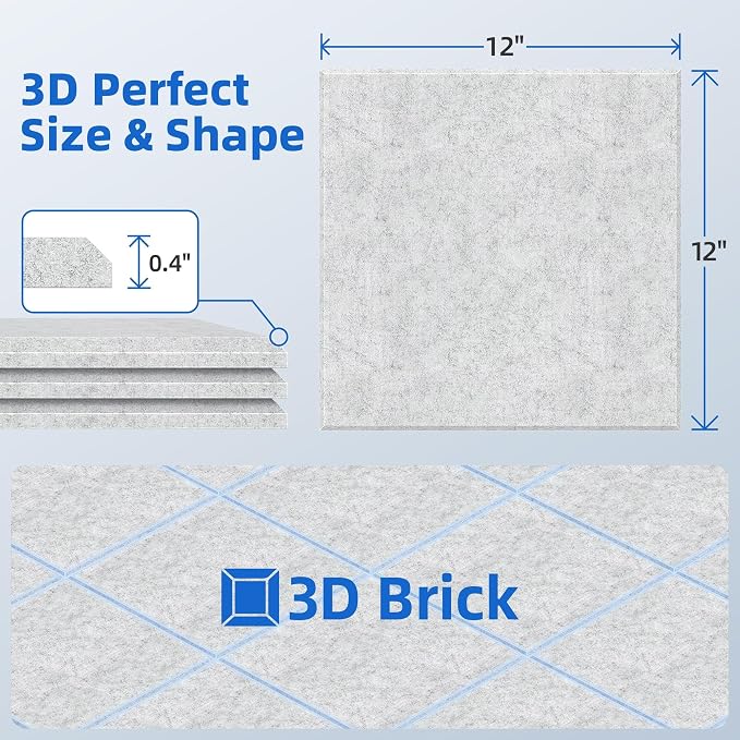 20 Pack Acoustic Panels with Self Adhesive Sound Proof Foam Panels for Wall | 12" X 12" X 0.4" High Density Soundproof Wall Panels, Brick Sound Absorbing Panels for Home Studio Office Decor - Gray