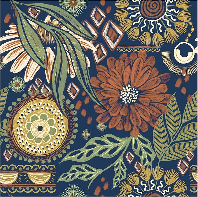 HAOKHOME Peel and Stick Wallpaper Boho Retro Floral Wall Paper Navy Orange Oliva for Bedroom Kitchen Accent Wall 17.3in x 32.8ft