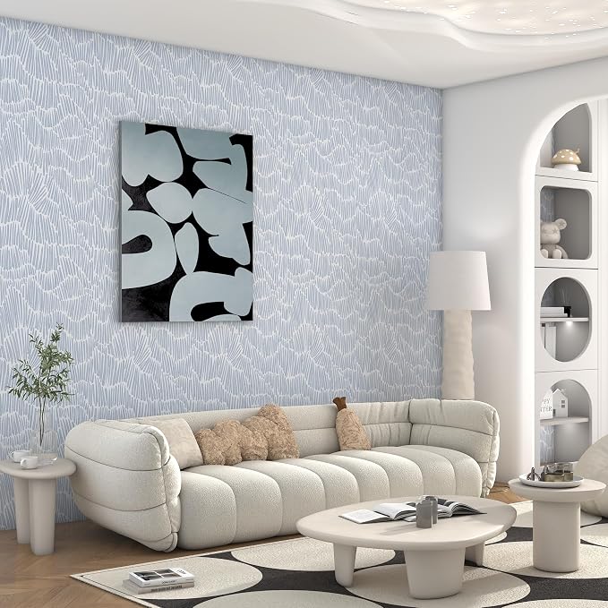 Theper Blue Wallpaper Peel and Stick Modern 17.3"×197" Boho Striped Wall Paper Self Adhesive Removable Wallpaper for Bedroom Waterproof White and Blue Contact Paper Vinyl Roll