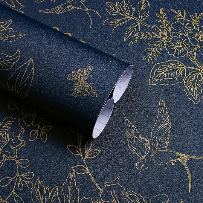 Froluya Dark Blue and Gold Vintage Floral Peel and Stick Wallpaper 17.7"x393.7" Dark Blue Floral Wallpaper Peel and Stick Removable Self Adhesive Wall Paper for Bathroom Bedroom Decorative Vinyl