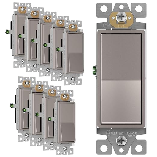 ENERLITES Elite Series Decorator Rocker Light Switch, 15A 120V/277V, Gloss Finish, Single Pole, 3 Wire, Grounding Screw, Residential Grade, UL Listed, 91150-NK-10PCS, Nickel Color (10 Pack)