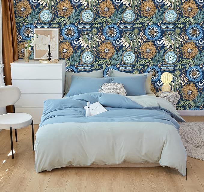 HAOKHOME Peel and Stick Wallpaper Boho Retro Floral Wall Paper Navy Blue Mustard for Bathroom Kitchen Accent Wall 17.3in x 32.8ft