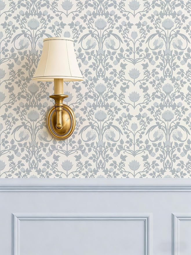 YXTII 590.5" × 17.3" Blue Floral Peel and Stick Wallpaper, Damask Vintage Wallpaper for Bedroom Bathroom Self Adhesive Removable