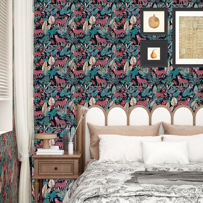 Pink Vintage Leopard Peel and Stick Wallpaper 17.5" x 118" | Waterproof Vinyl Self Adhesive Removable Renter Friendly Floral Contact Paper