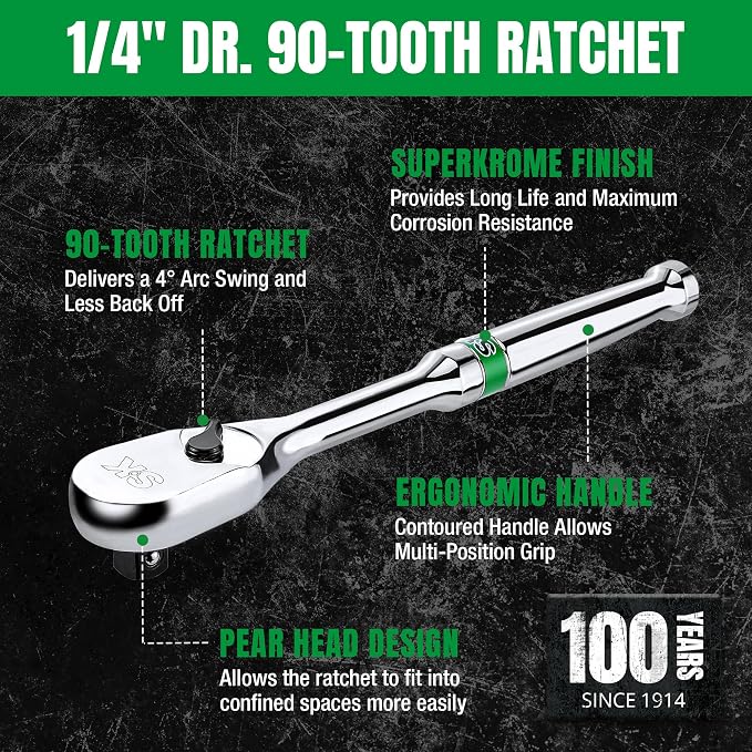 SK 1/4" Drive Ratchet Handle, Pear Head, 90-Tooth Ratchet, Alloy Steel | Reversible Switch for One-Handed Operation, Heat Treated SuperKrome Finish,Enclosed Head with Contoured Handle