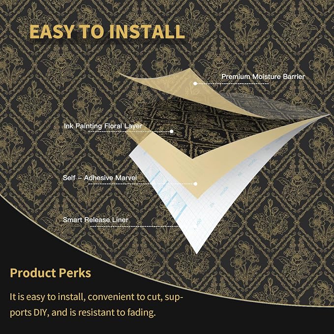 Toduso Peel and Stick Wallpaper Vintage Wall Paper Boho Contact Paper Black and Gold Floral Removable Wallpaper for Bathroom Bedroom Flower Waterproof Self Adhesive Vinyl Drawer Decor 17.3"x393.7"