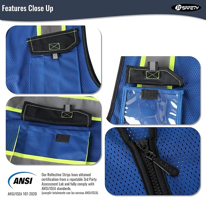 JKSafety Hi Vis Reflective Safety Vests for Men Women High Visibility Vest with Pockets Mesh Fabric Construction Safety Apparel Neon Vest for Work (220-Blue XL)