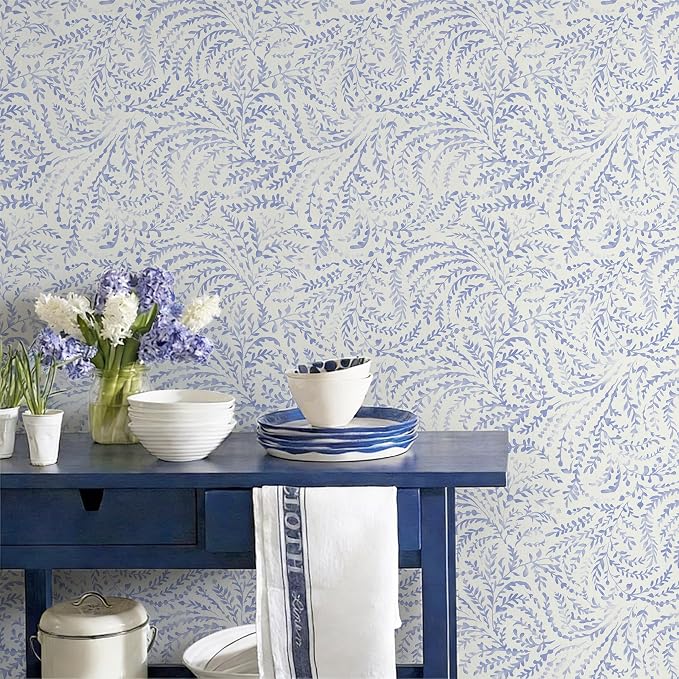 Heroad Peel and Stick Wallpaper Boho Blue Contact Paper Modern Botanical Wall Paper Waterproof Self Adhesive Removable Wallpaper for Bathroom Bedroom Kitchen Living Room Vinyl 17.3"x78.7"