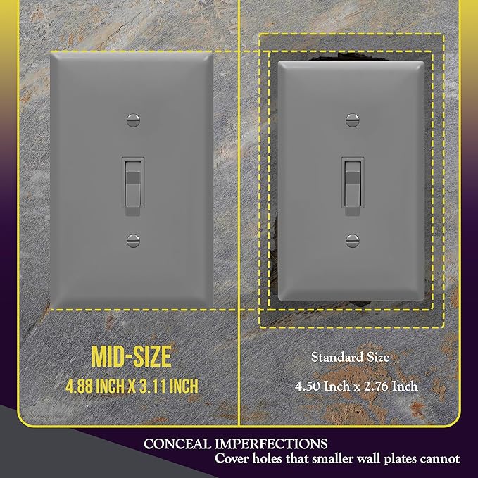 ENERLITES Toggle Light Switch Wall Plate, Gloss Finish, Mid-Size Single Gang 4.88" x 3.11", Unbreakable Polycarbonate Thermoplastic, UL Listed, 8811M-GY-10PCS, Gray, 10 pack