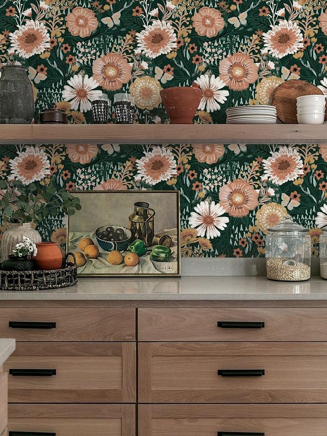 Dimoon Boho Retro Dark Green Wallpaper Peel and Stick Wallpaper Vintage Floral Contact Paper 17.3''x197'' Bohemian Removable Wall Paper Renter Friendly Waterproof Wall Mural Bedroom Bathroom Vinyl