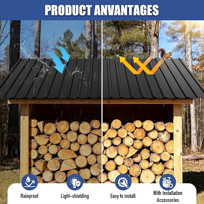 Brakki Metal Roofing Panels 10pcs 75 ft², L61.02"xW17.72" Black Corrugated Galvanized Steel Roof Panels with Screw, Heavy Duty Metal Siding Suitable for Garages Chicken Coop Sheds Stables Patio